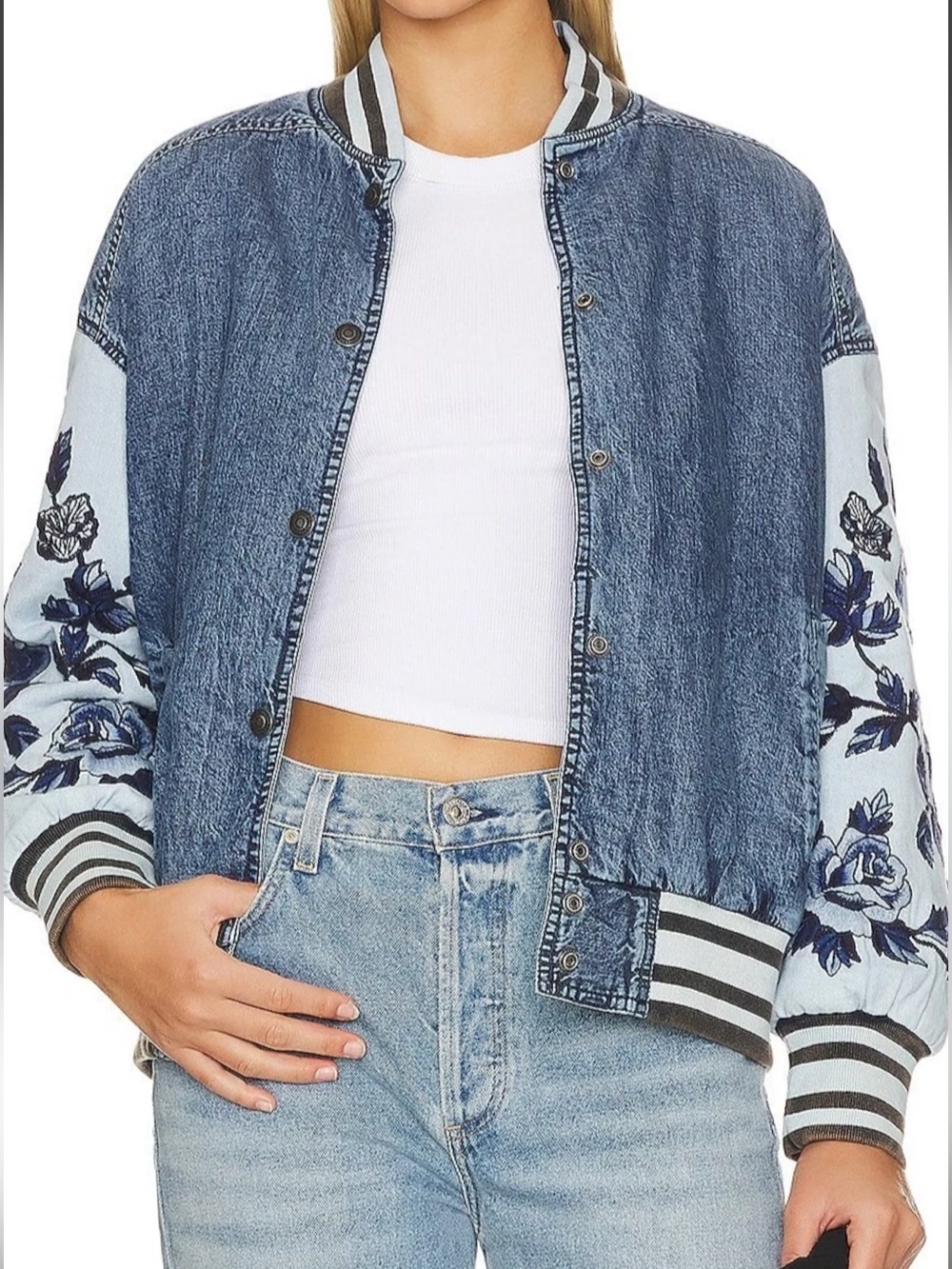 Free People
We The Free Team Spirit Embroidered Blue Denim Bomber Jacket - Women